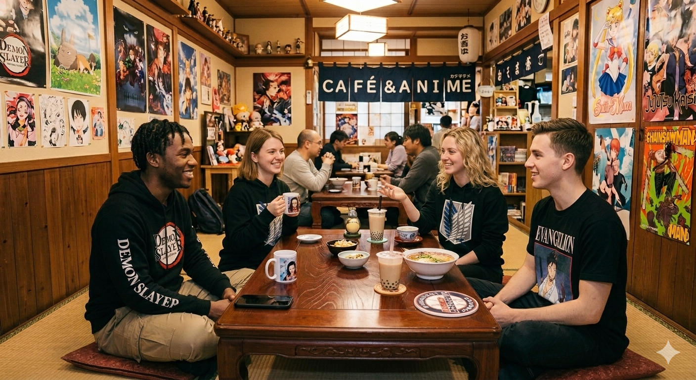 people sitting around a Japanese style table at Otakus R Us